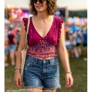 Patrons of Peace Crop Top M Babydoll Ruffles Stretch Crepe Boho Coquette Resort